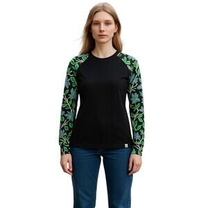 Wild Rye Women Evie Raglan Base Layer Top Size 4 Chonky Floral Black Merino Wool